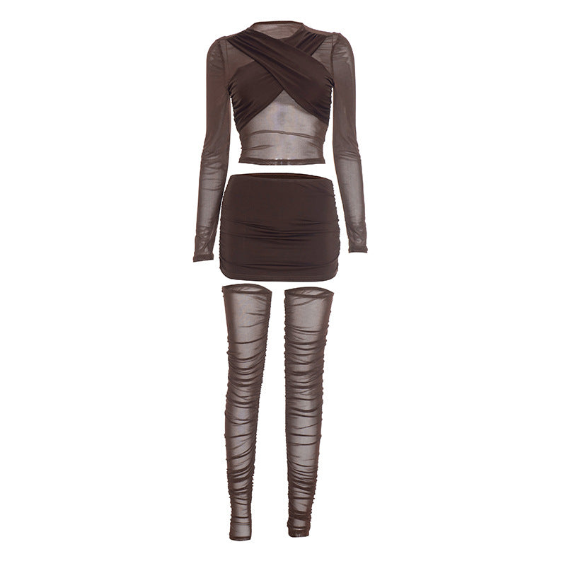 Sultry Espresso Mesh Ruched 3-Piece Set: Crop Top, Mini Skirt & Thigh-Highs | Ultimate Holiday & NYE Night Out Look