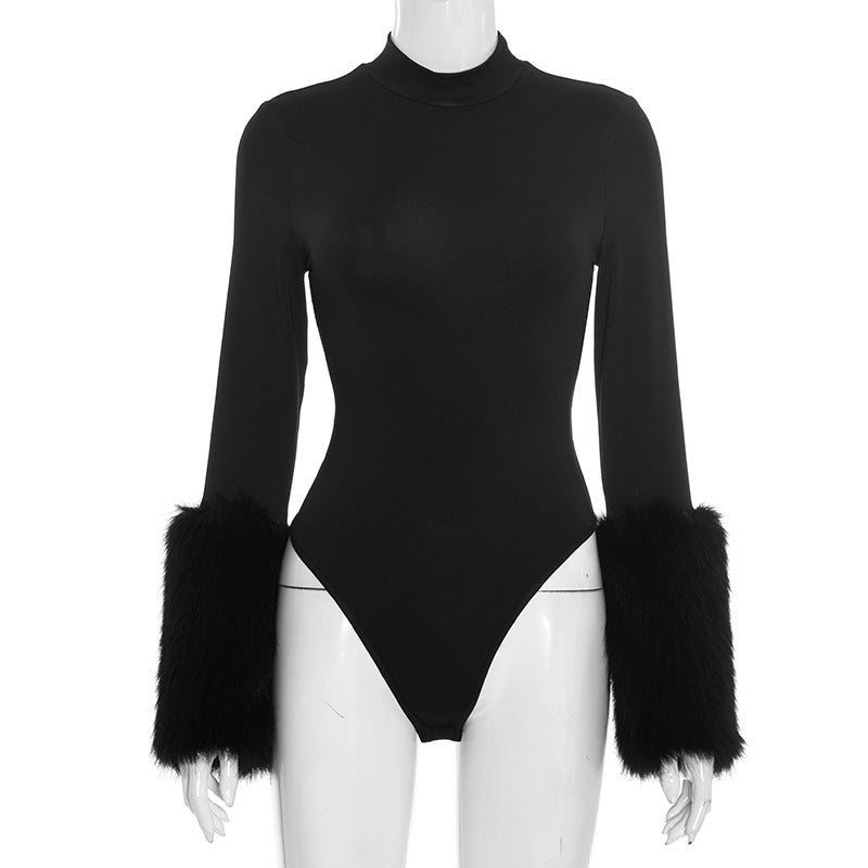 Chic Black Faux Fur Cuff Turtleneck Bodysuit | Holiday & Winter Luxe