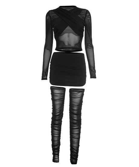 Sultry Espresso Mesh Ruched 3-Piece Set: Crop Top, Mini Skirt & Thigh-Highs | Ultimate Holiday & NYE Night Out Look
