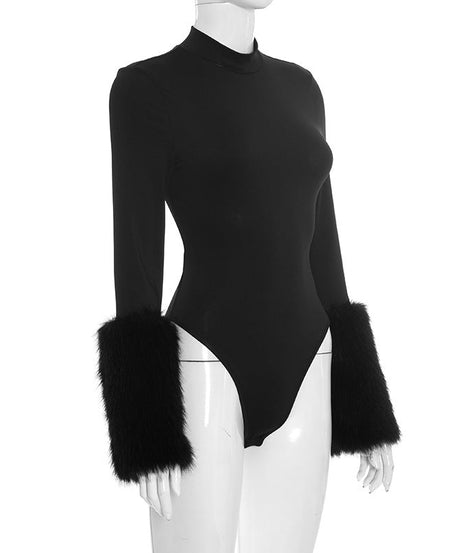 Chic Black Faux Fur Cuff Turtleneck Bodysuit | Holiday & Winter Luxe