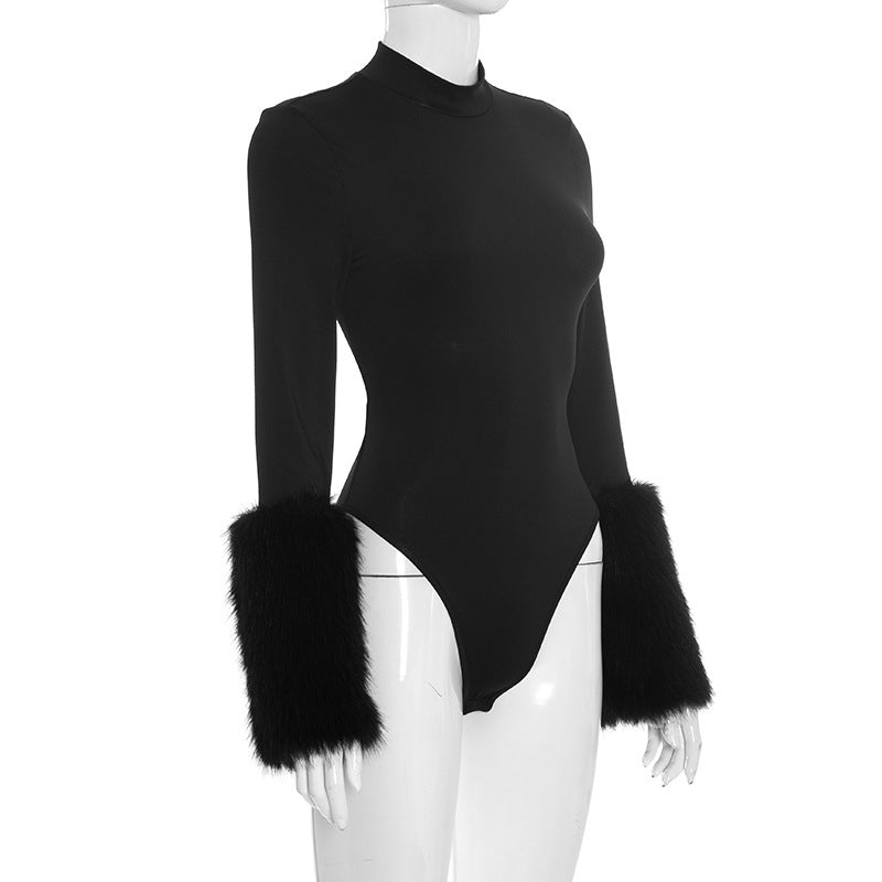 Chic Black Faux Fur Cuff Turtleneck Bodysuit | Holiday & Winter Luxe