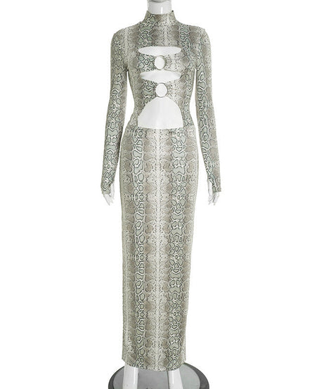 Slinky Snakeskin Cutout Maxi Dress - Daring Long Sleeve Holiday & NYE Glam