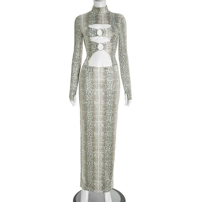 Slinky Snakeskin Cutout Maxi Dress - Daring Long Sleeve Holiday & NYE Glam