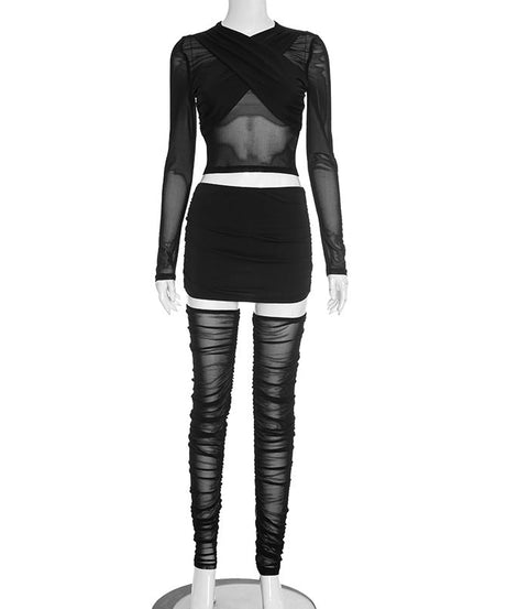 Sultry Espresso Mesh Ruched 3-Piece Set: Crop Top, Mini Skirt & Thigh-Highs | Ultimate Holiday & NYE Night Out Look