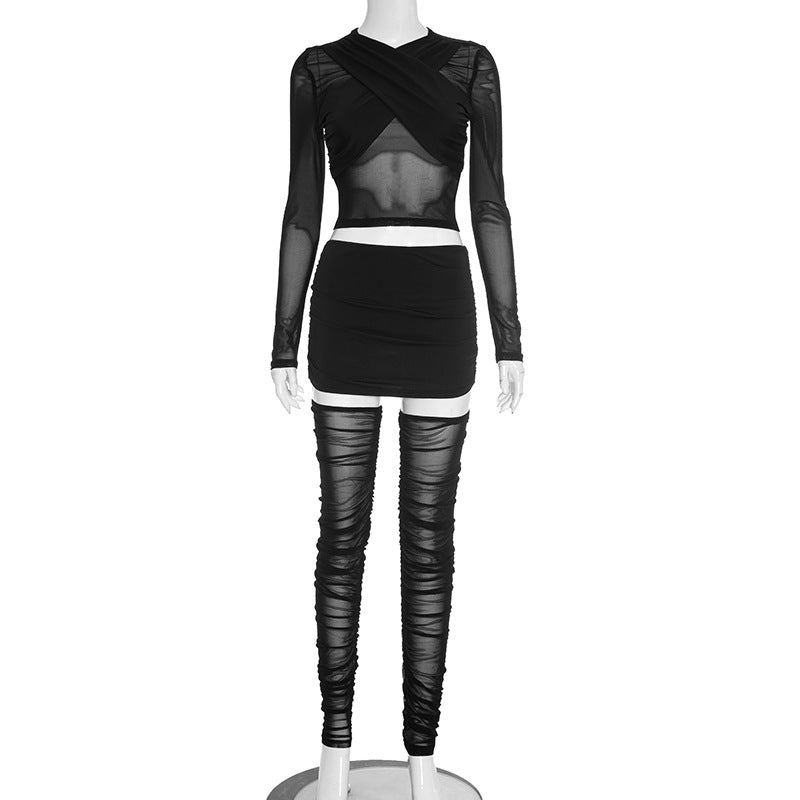 Sultry Espresso Mesh Ruched 3-Piece Set: Crop Top, Mini Skirt & Thigh-Highs | Ultimate Holiday & NYE Night Out Look