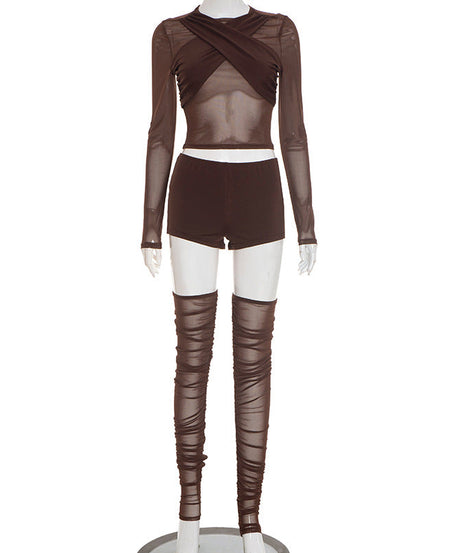Daring Chocolate Mesh Criss-Cross Crop Top, Shorts & Ruched Thigh-High Set | Holiday Party Ready