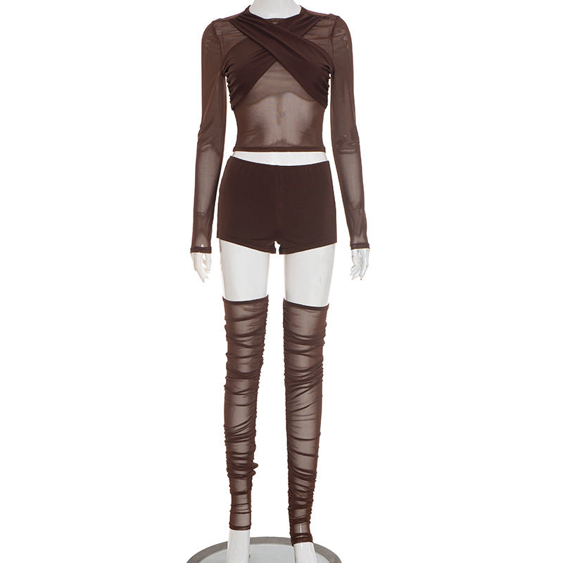 Daring Chocolate Mesh Criss-Cross Crop Top, Shorts & Ruched Thigh-High Set | Holiday Party Ready