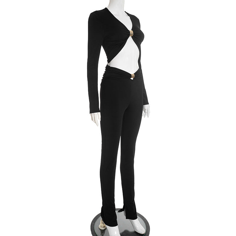 Glam & Go: Effortless Gold Buckle Crop Top & Slit Hem Pant Set - Fall & Holiday Ready