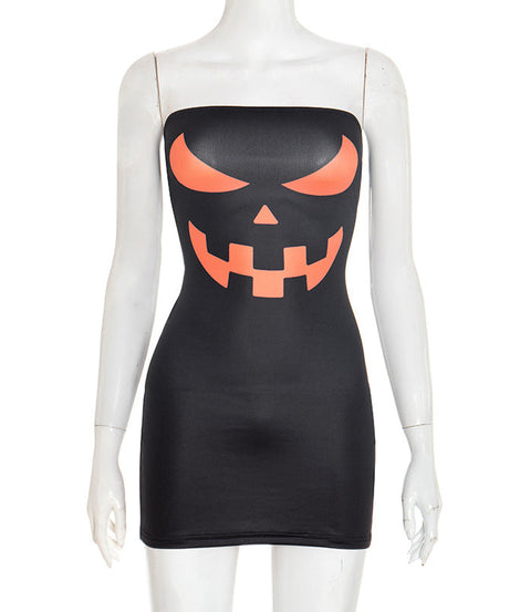 American Babe's Spooky Chic Jack-O'-Lantern Tube Mini Dress - Halloween Party Ready Bodycon
