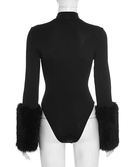 Chic Black Faux Fur Cuff Turtleneck Bodysuit | Holiday & Winter Luxe