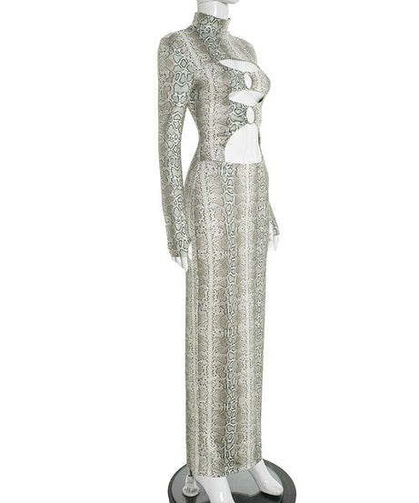 Slinky Snakeskin Cutout Maxi Dress - Daring Long Sleeve Holiday & NYE Glam