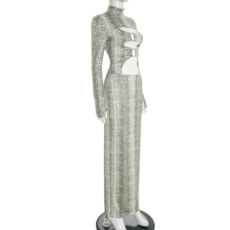 Slinky Snakeskin Cutout Maxi Dress - Daring Long Sleeve Holiday & NYE Glam