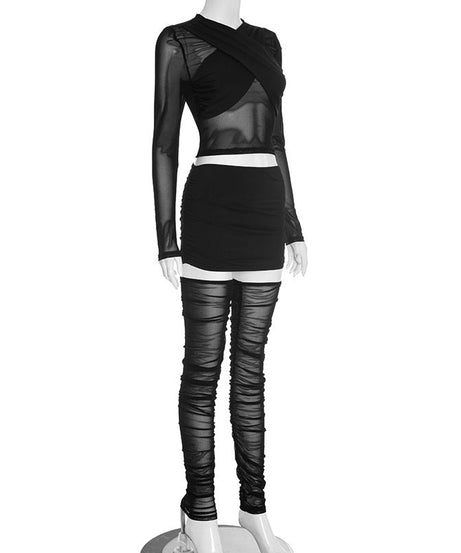 Sultry Espresso Mesh Ruched 3-Piece Set: Crop Top, Mini Skirt & Thigh-Highs | Ultimate Holiday & NYE Night Out Look