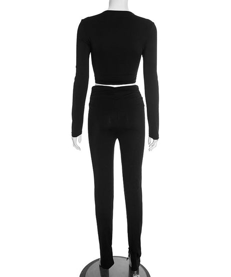 Glam & Go: Effortless Gold Buckle Crop Top & Slit Hem Pant Set - Fall & Holiday Ready