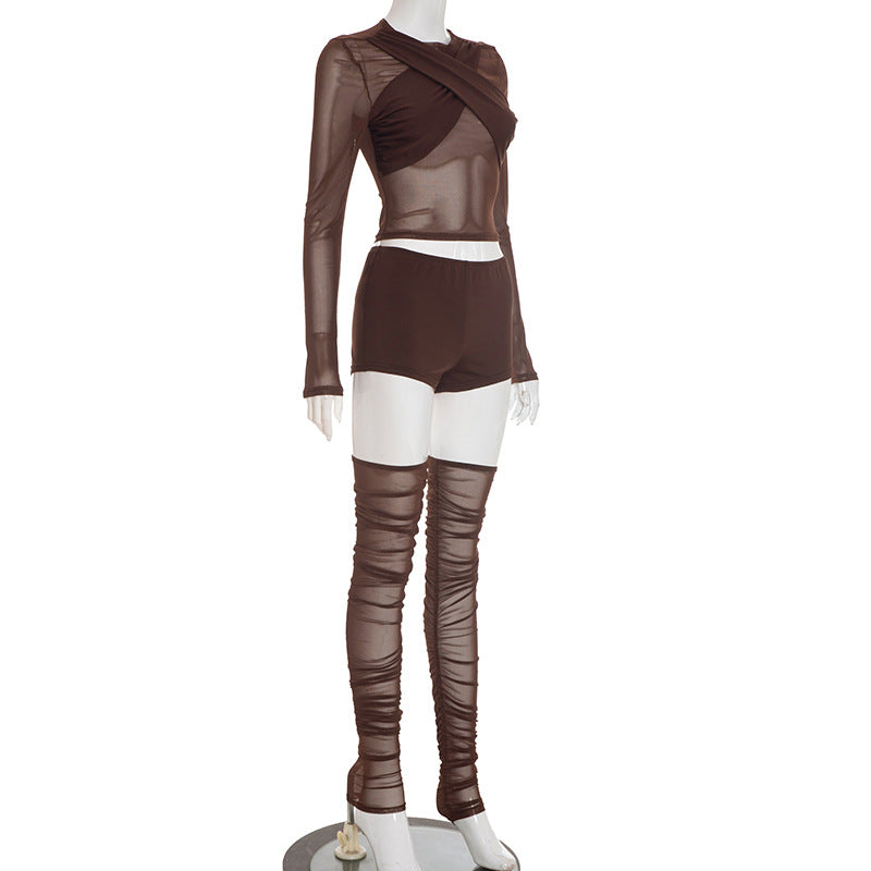 Daring Chocolate Mesh Criss-Cross Crop Top, Shorts & Ruched Thigh-High Set | Holiday Party Ready