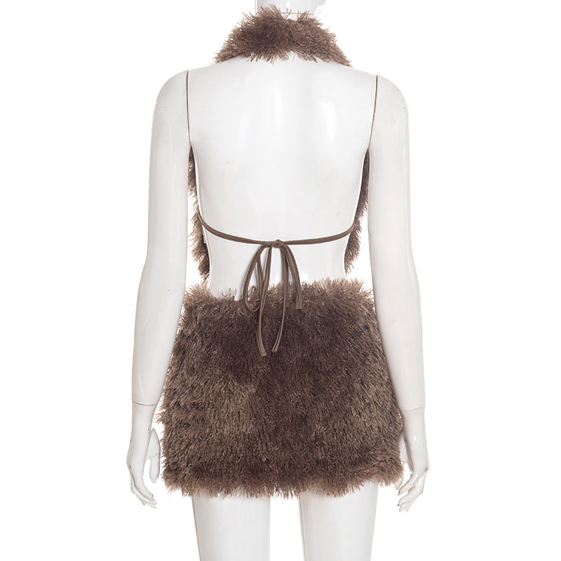 Cozy Luxe Faux Fur Halter Mini Skirt Set – Your Glamorous Winter & Holiday Statement