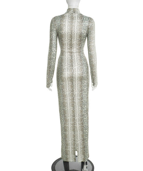 Slinky Snakeskin Cutout Maxi Dress - Daring Long Sleeve Holiday & NYE Glam