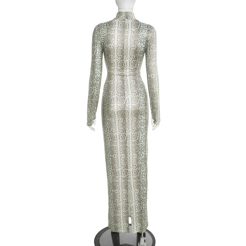 Slinky Snakeskin Cutout Maxi Dress - Daring Long Sleeve Holiday & NYE Glam
