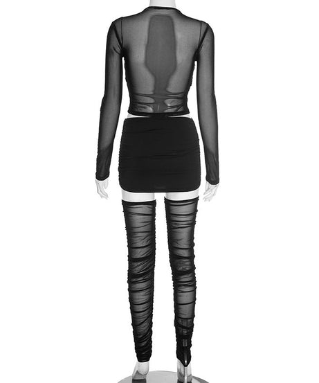 Sultry Espresso Mesh Ruched 3-Piece Set: Crop Top, Mini Skirt & Thigh-Highs | Ultimate Holiday & NYE Night Out Look