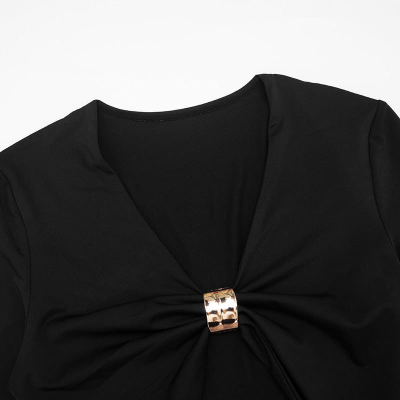 Glam & Go: Effortless Gold Buckle Crop Top & Slit Hem Pant Set - Fall & Holiday Ready