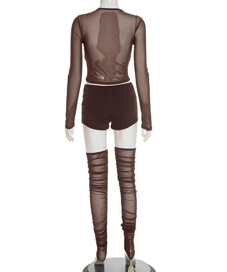 Daring Chocolate Mesh Criss-Cross Crop Top, Shorts & Ruched Thigh-High Set | Holiday Party Ready