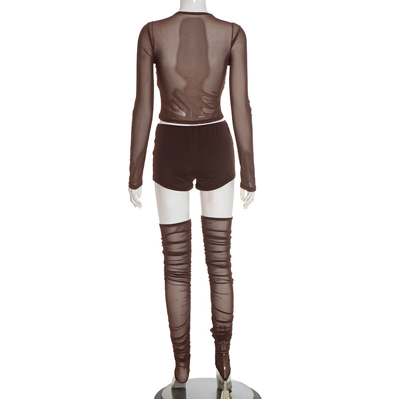 Daring Chocolate Mesh Criss-Cross Crop Top, Shorts & Ruched Thigh-High Set | Holiday Party Ready