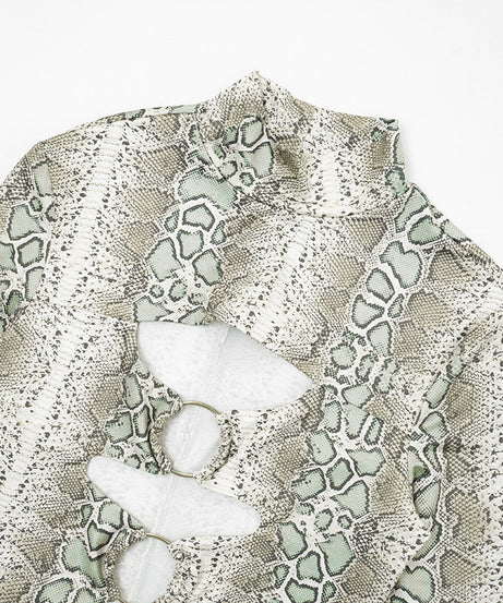 Slinky Snakeskin Cutout Maxi Dress - Daring Long Sleeve Holiday & NYE Glam