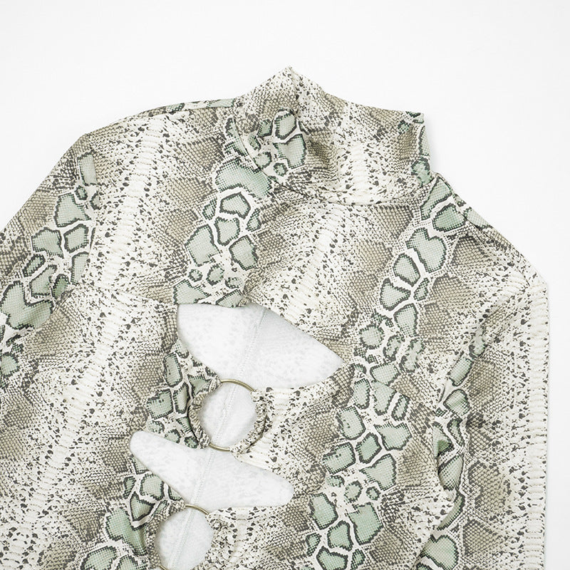 Slinky Snakeskin Cutout Maxi Dress - Daring Long Sleeve Holiday & NYE Glam