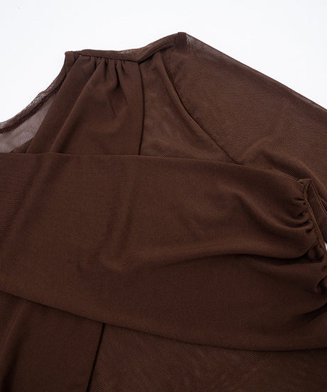 Daring Chocolate Mesh Criss-Cross Crop Top, Shorts & Ruched Thigh-High Set | Holiday Party Ready