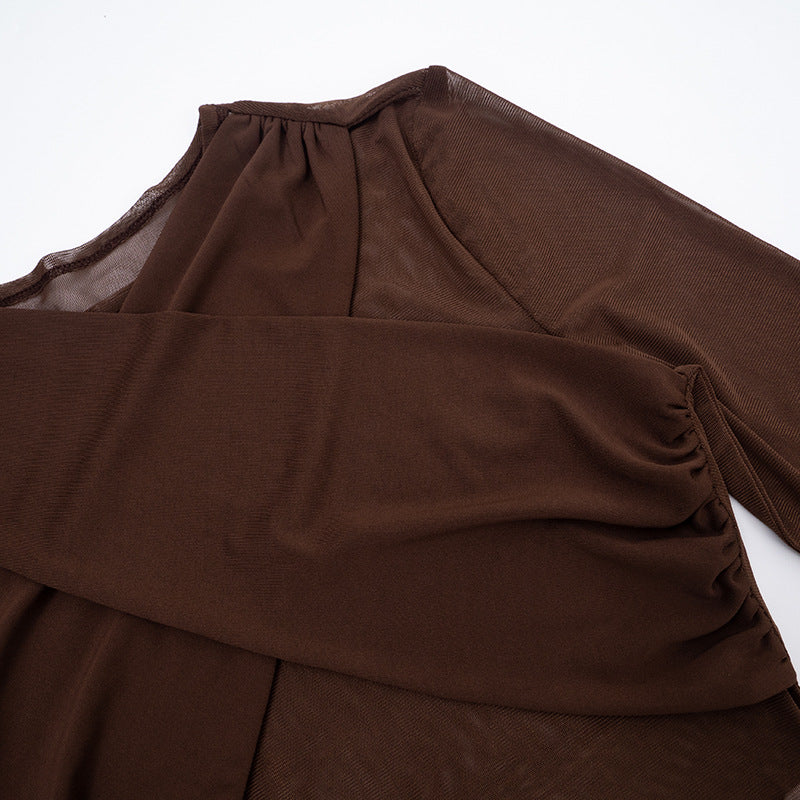 Daring Chocolate Mesh Criss-Cross Crop Top, Shorts & Ruched Thigh-High Set | Holiday Party Ready