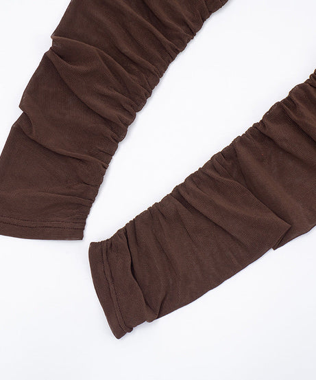 Daring Chocolate Mesh Criss-Cross Crop Top, Shorts & Ruched Thigh-High Set | Holiday Party Ready