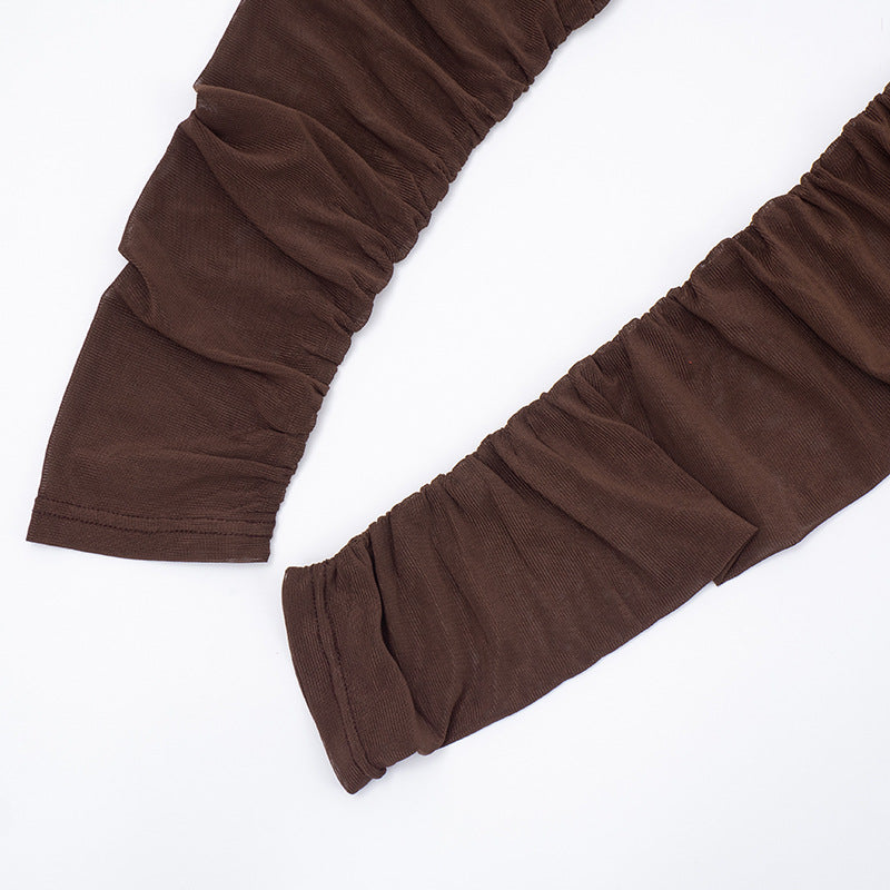 Daring Chocolate Mesh Criss-Cross Crop Top, Shorts & Ruched Thigh-High Set | Holiday Party Ready