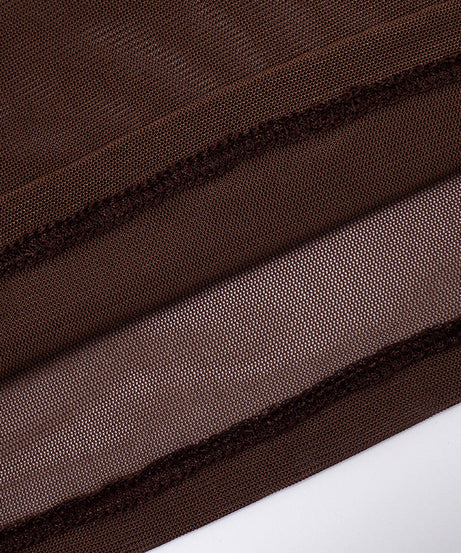 Daring Chocolate Mesh Criss-Cross Crop Top, Shorts & Ruched Thigh-High Set | Holiday Party Ready