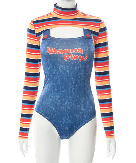 Chucky-Inspired "Wanna Play?" Illusion Bodysuit - Long Sleeve Faux Overalls for Edgy Style & Holiday Parties