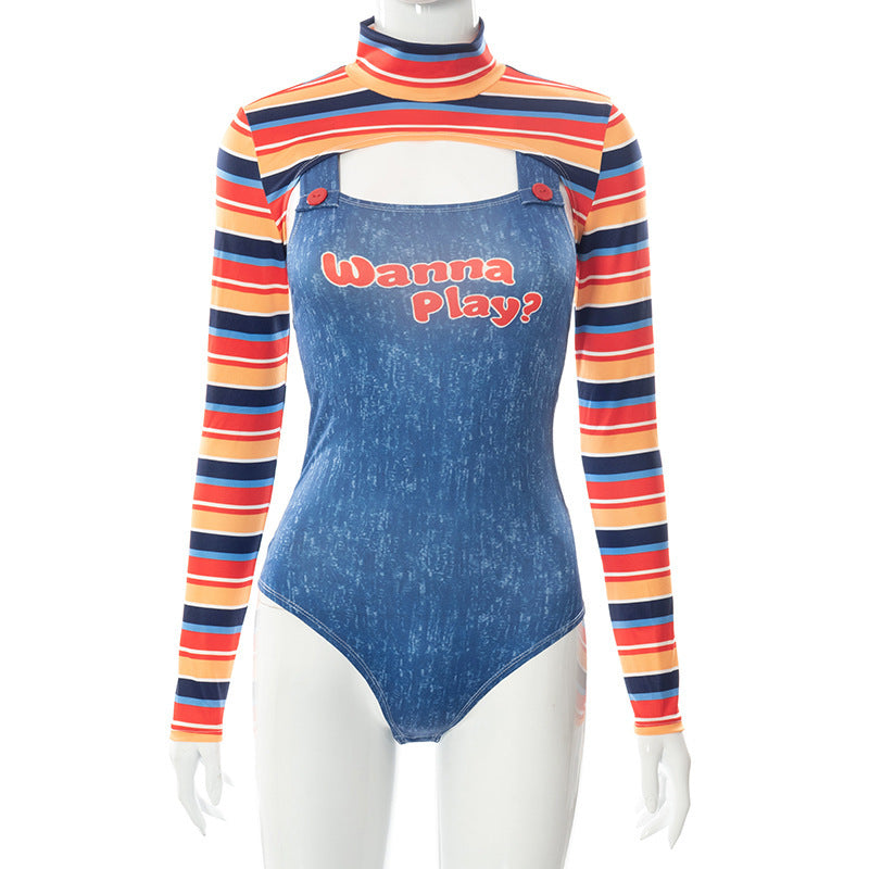 Chucky-Inspired "Wanna Play?" Illusion Bodysuit - Long Sleeve Faux Overalls for Edgy Style & Holiday Parties