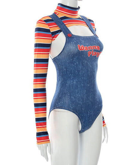 Chucky-Inspired "Wanna Play?" Illusion Bodysuit - Long Sleeve Faux Overalls for Edgy Style & Holiday Parties