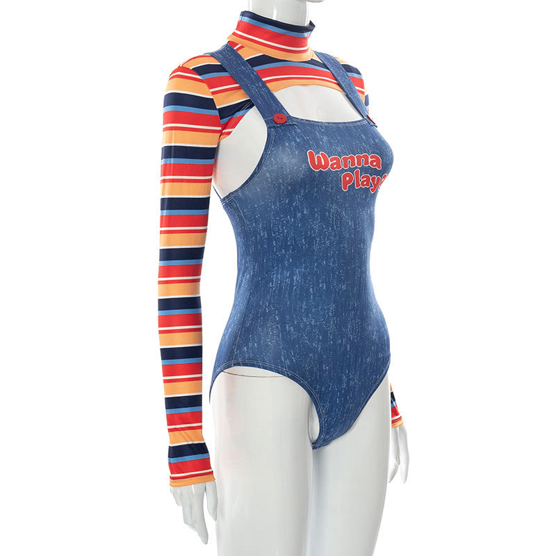 Chucky-Inspired "Wanna Play?" Illusion Bodysuit - Long Sleeve Faux Overalls for Edgy Style & Holiday Parties