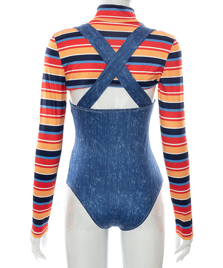 Chucky-Inspired "Wanna Play?" Illusion Bodysuit - Long Sleeve Faux Overalls for Edgy Style & Holiday Parties