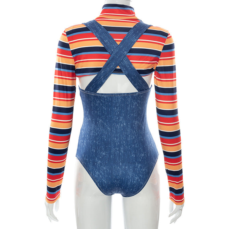 Chucky-Inspired "Wanna Play?" Illusion Bodysuit - Long Sleeve Faux Overalls for Edgy Style & Holiday Parties