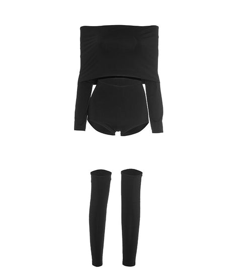 Sleek & Chic Off-Shoulder Long Sleeve Crop Top & Shorts Set with Arm Sleeves – Your Holiday Night Out Essential