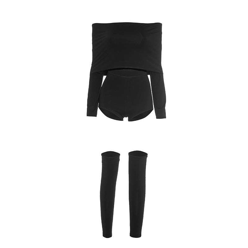 Sleek & Chic Off-Shoulder Long Sleeve Crop Top & Shorts Set with Arm Sleeves – Your Holiday Night Out Essential