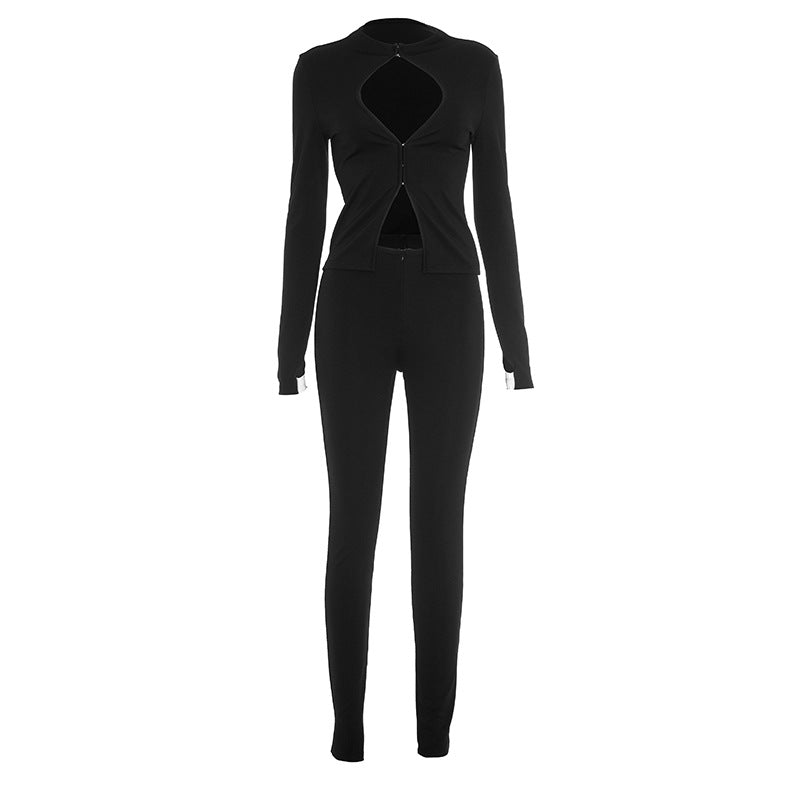 Chic Cutout Zip-Up Two-Piece Pant Set | Holiday & Fall Style