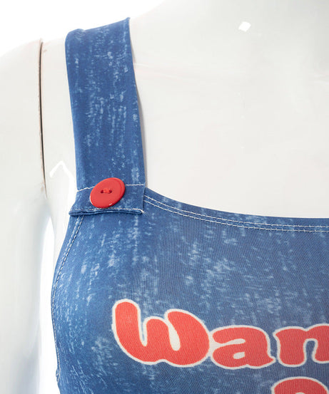 Chucky-Inspired "Wanna Play?" Illusion Bodysuit - Long Sleeve Faux Overalls for Edgy Style & Holiday Parties