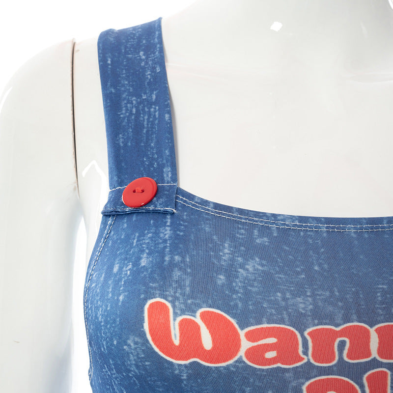 Chucky-Inspired "Wanna Play?" Illusion Bodysuit - Long Sleeve Faux Overalls for Edgy Style & Holiday Parties