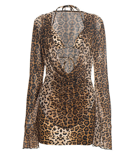 Sultry Leopard Print Mesh Halter Mini Dress | Cowl Neck Long Sleeve Party Style