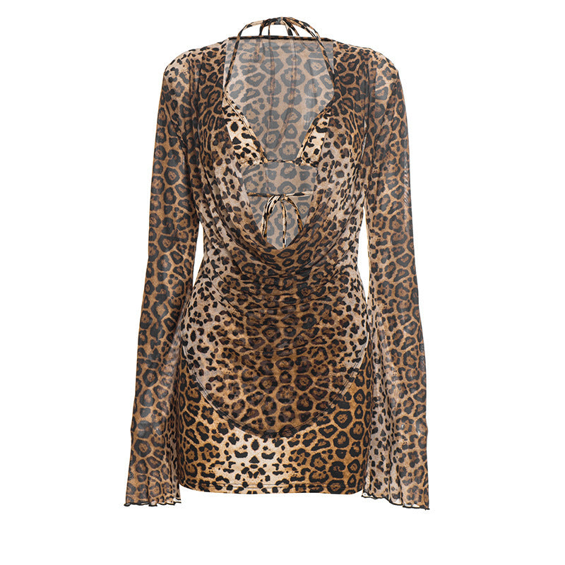 Sultry Leopard Print Mesh Halter Mini Dress | Cowl Neck Long Sleeve Party Style