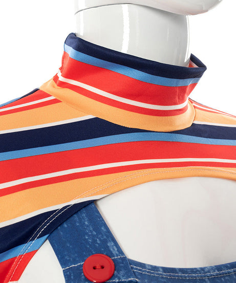 Chucky-Inspired "Wanna Play?" Illusion Bodysuit - Long Sleeve Faux Overalls for Edgy Style & Holiday Parties