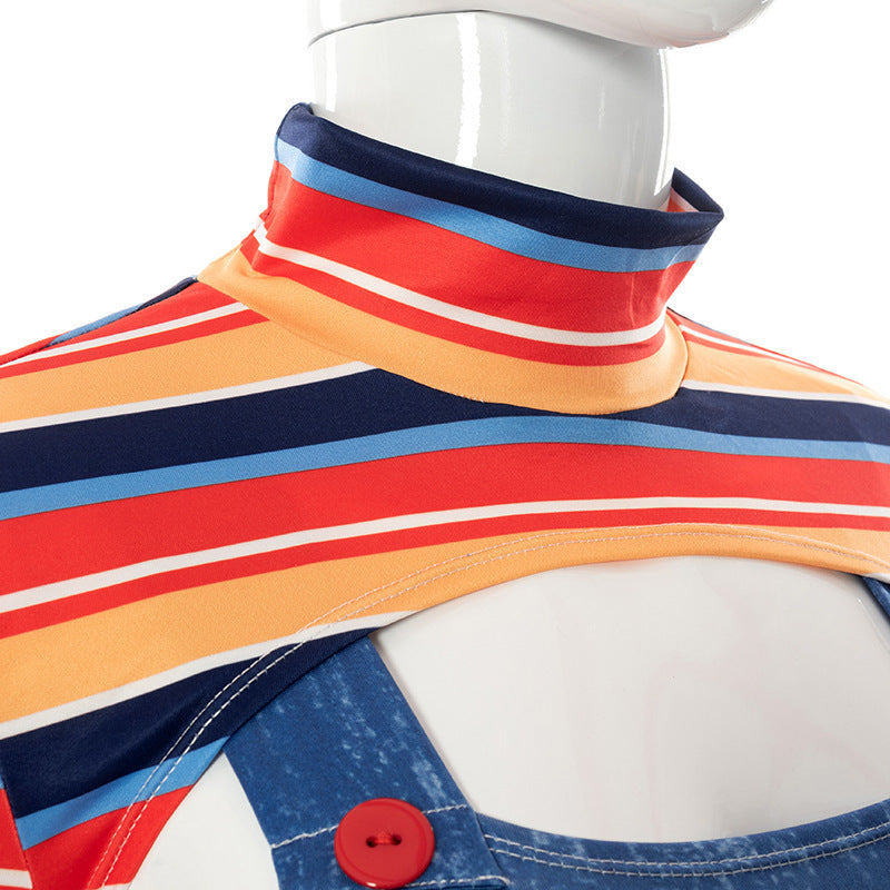 Chucky-Inspired "Wanna Play?" Illusion Bodysuit - Long Sleeve Faux Overalls for Edgy Style & Holiday Parties