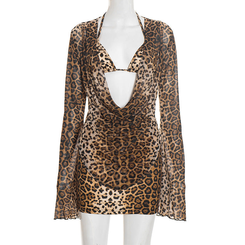 Sultry Leopard Print Mesh Halter Mini Dress | Cowl Neck Long Sleeve Party Style