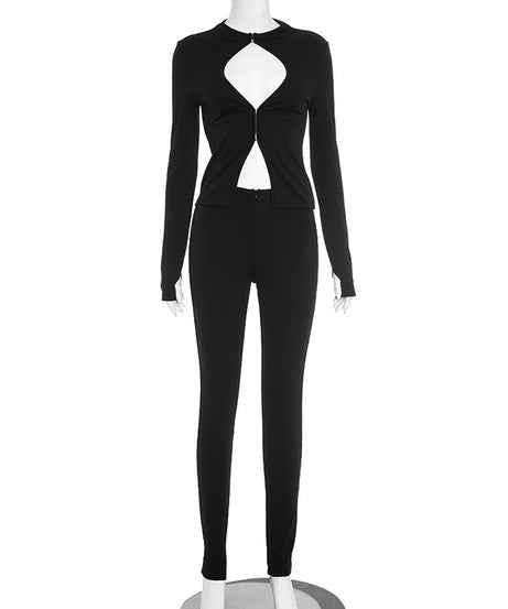 Chic Cutout Zip-Up Two-Piece Pant Set | Holiday & Fall Style